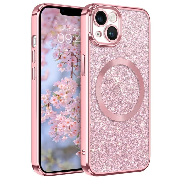 DOMAVER iPhone 13 Case 6.1" - Magnetic Clear Glitter Cover, MagSafe Compatible, Shockproof Protective with Camera Lens Protector (Pink)