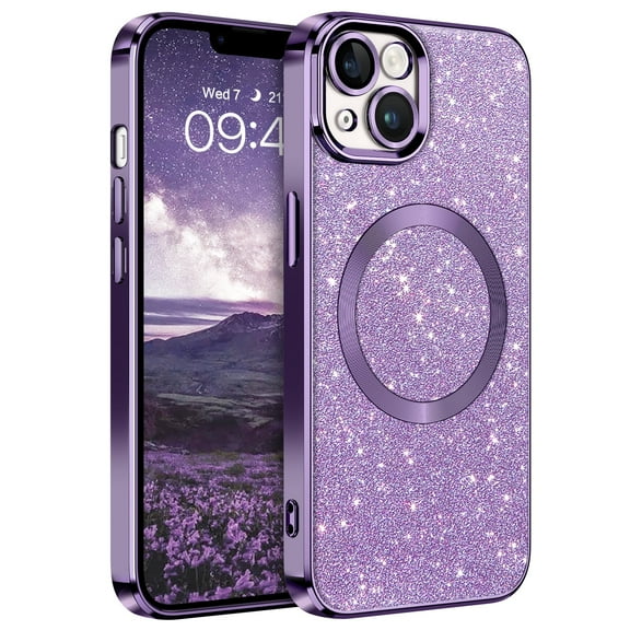 DOMAVER iPhone 13 Case 6.1" - Magnetic Clear Glitter Cover, MagSafe Compatible, Shockproof Protective with Camera Lens Protector (Purple)