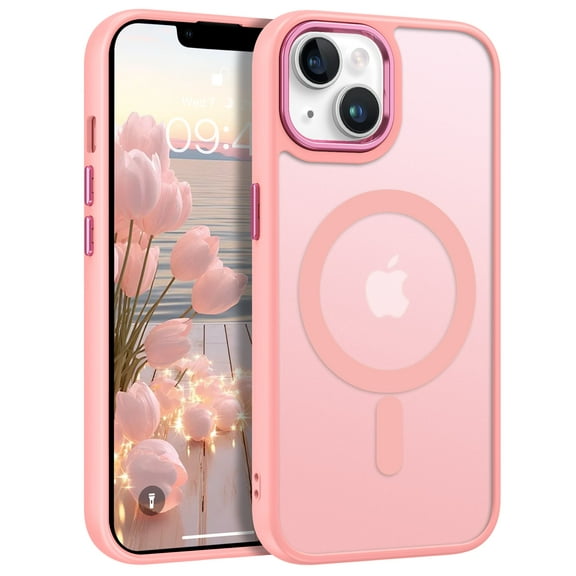 DOMAVER iPhone 13 Case / iPhone 14 Case 6.1 Inch with MagSafe, Slim Matte Protective Cover - Shockproof Translucent Pink Phone Case