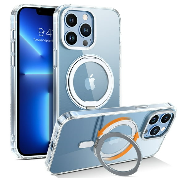 DOMAVER Magnetic Case for iPhone 13 Pro Max with Stand 6.7" - Slim Clear Protective Cover, MagSafe Compatible, Shockproof Full Body Transparent Phone Case