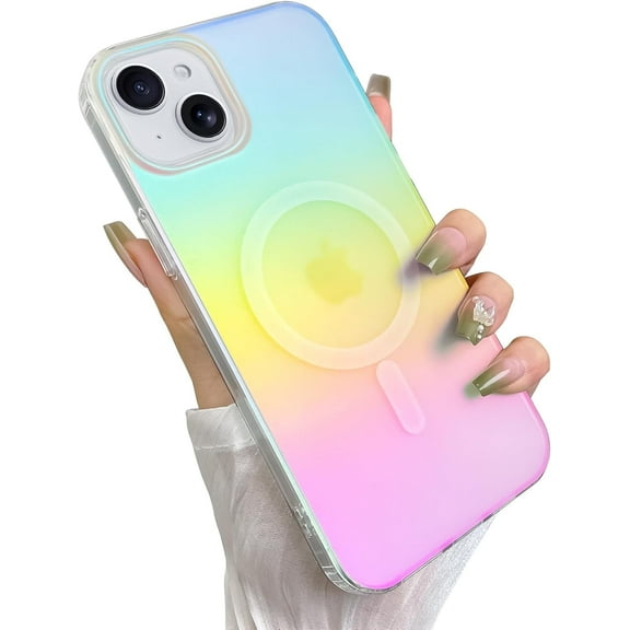 DOMAVER iPhone 14 Plus Case / iPhone 15 Plus Case 6.7", MagSafe Compatible Magnetic Gradient Rainbow Cover, Shockproof Matte Protective Phone Case, Cute Iridescent Fluorescent Blue & Pink
