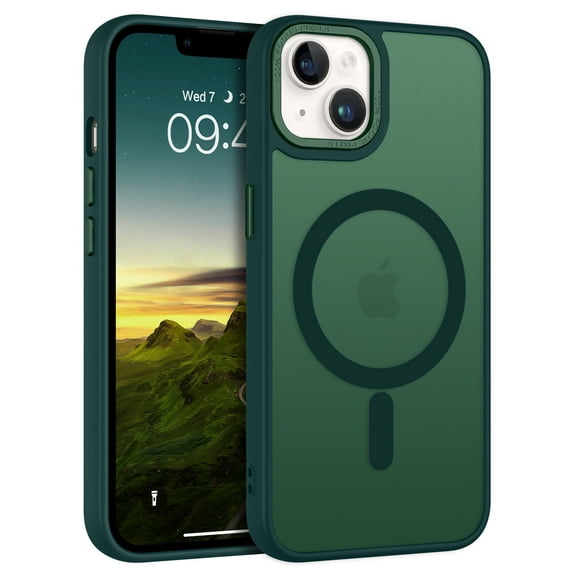DOMAVER iPhone 15 Plus Case / iPhone 14 Plus Case 6.7 Inch with MagSafe, Slim Matte Protective Cover - Shockproof Translucent Dark Green Phone Case