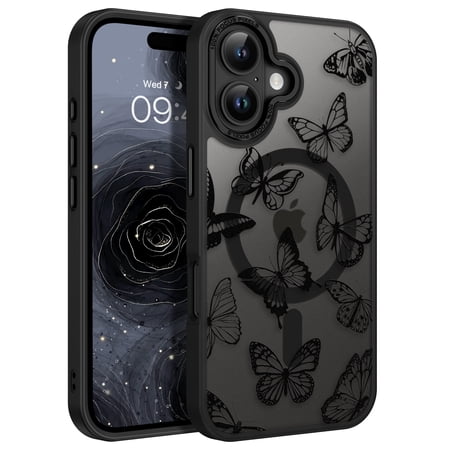 DOMAVER iPhone 16 Plus Case 6.7" - Cute Butterfly Pattern Magnetic Cover Compatible with MagSafe, Translucent Matte Slim Protective Case for Women, Black