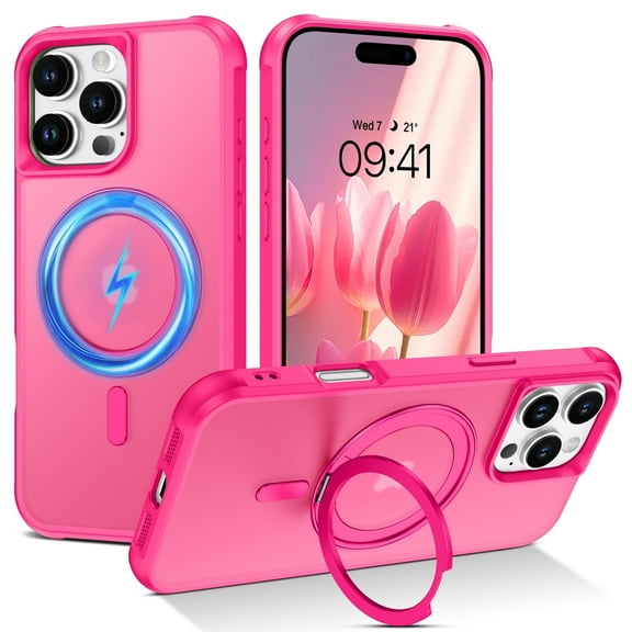 DOMAVER iPhone 16 Pro Case with Stand 6.3 Inch, Translucent Shockproof Cover, MagSafe Compatible for iPhone 16 Pro Case, Hot Pink