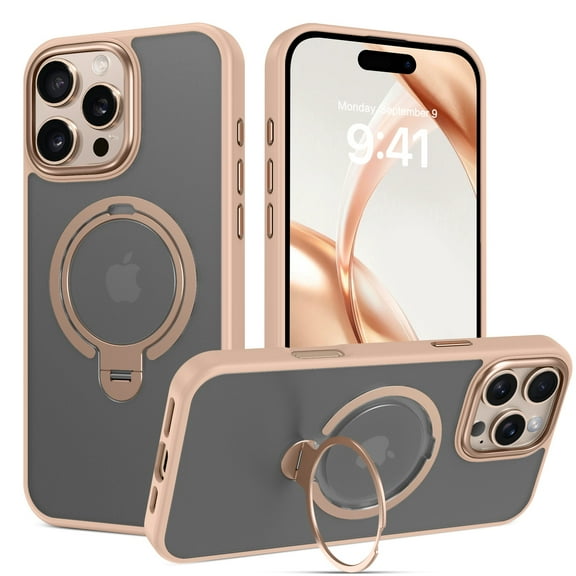 DOMAVER for iPhone 16 Pro Max 6.9" Case, Compatible with Mag-safe with 360 Spin Magnetic Stand Ring Holder, Translucent Matte Back TPU Bumper iPhone 16 Pro Max Case, Brown