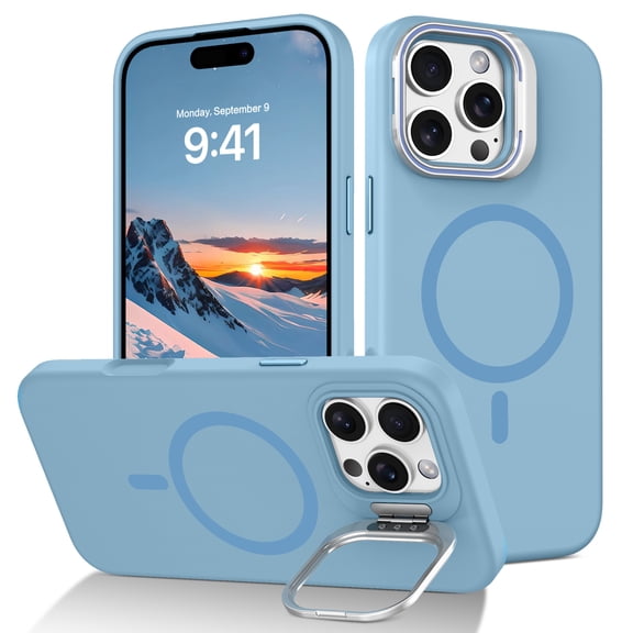 DOMAVER iPhone 16 Pro Max Case with Camera Stand & MagSafe 6.9", Liquid Silicone Shockproof Cover, Anti-Scratch Microfiber Lining, Light Blue