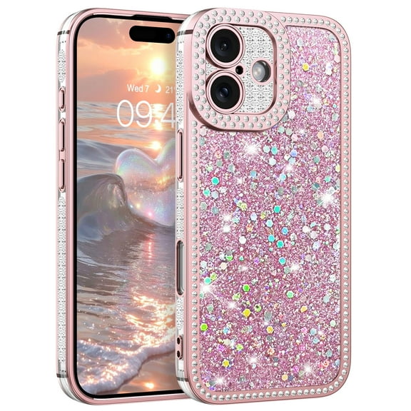 DOMAVER iPhone 17 Case 6.3" with Glitter, Crystals and Camera Protector, Sparkly Protective Cover for iPhone 17, Pink