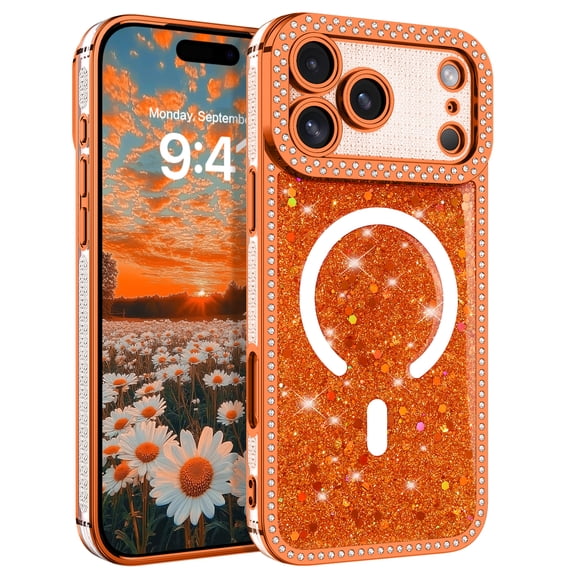DOMAVER Magnetic Glitter Case for iPhone 18 Pro Max Case / iPhone 17 Pro Max Case 6.9", MagSafe Compatible, Crystals and Camera Protector, Sparkly Protective Cover, Orange