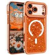 DOMAVER Magnetic Glitter Case for iPhone 18 Pro Max Case / iPhone 17 Pro Max Case 6.9", MagSafe Compatible, Crystals and Camera Protector, Sparkly Protective Cover, Orange