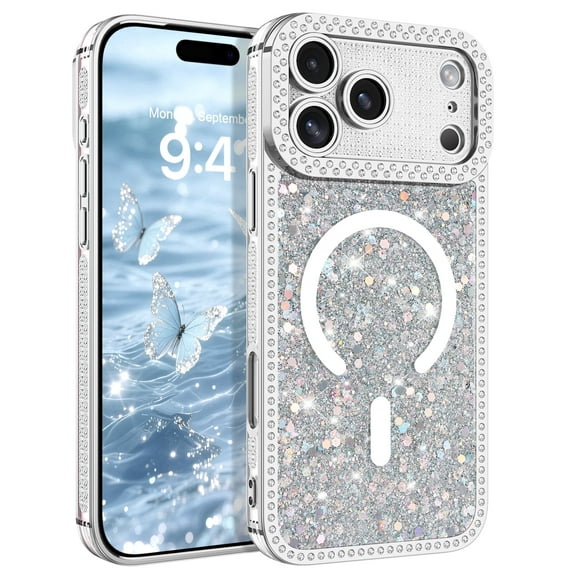 DOMAVER iPhone 17 Pro Max Case 6.9" , Magnetic Clear Glitter Cover, Mag-Safe Compatible, Crystals and Camera Protector, Sparkly Protective Case for iPhone 17 Pro Max, Silver
