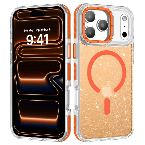 DOMAVER iPhone 17 Pro Max Case 6.9" - Magnetic Clear Glitter Cover, Mag-Safe Compatible, Shockproof Protective with Camera Lens Protector (Orange)