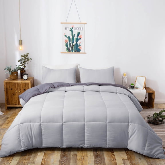DOMDEC Goose Down Alternative Comforter Set - 3 Piece Set - All Seasons - King Size, Gray and Dark Gray