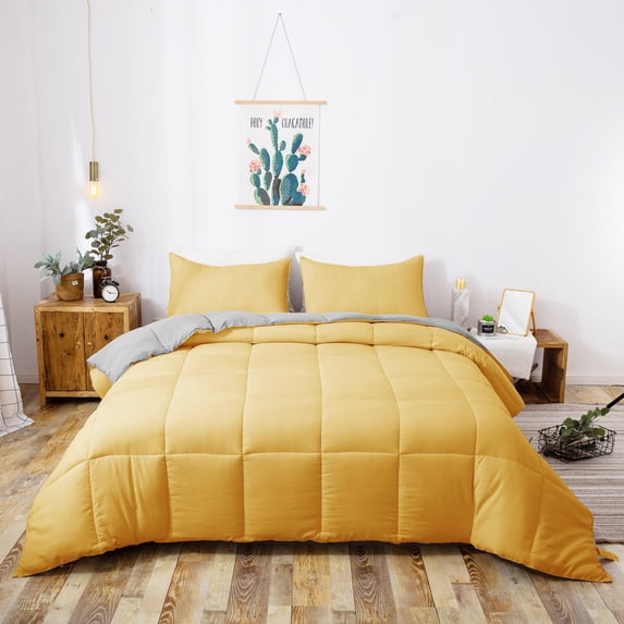 DOMDEC Goose Down Alternative Comforter Set - 3 Piece Set - All Seasons - King Size, Yellow and Gray