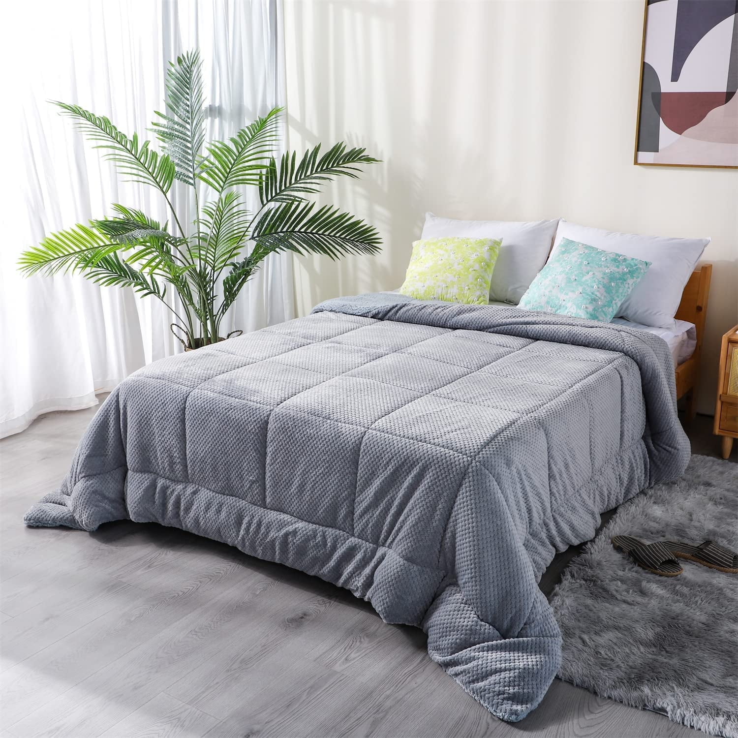 DOMDEC Luxury Flannel Fleece Comforter with Plush Sherpa Back - Faux Fur Blanket, Winter Warmth, Grey Blue Twin Size 68x90 Inches
