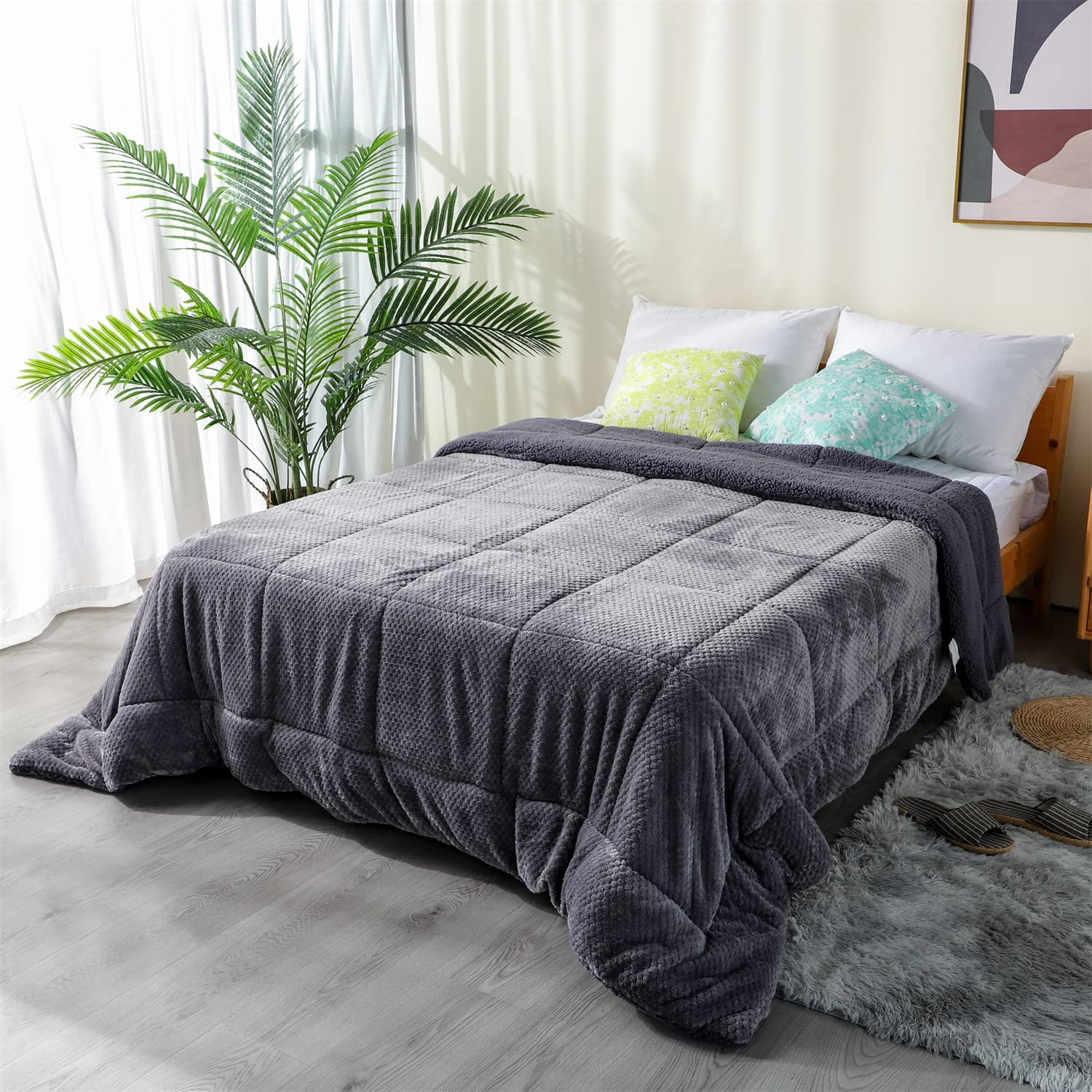 DOMDEC Luxury Flannel Fleece Comforter with Plush Sherpa Back - Faux Fur Blanket, Winter Warmth, Grey Queen Size 90x90 Inches