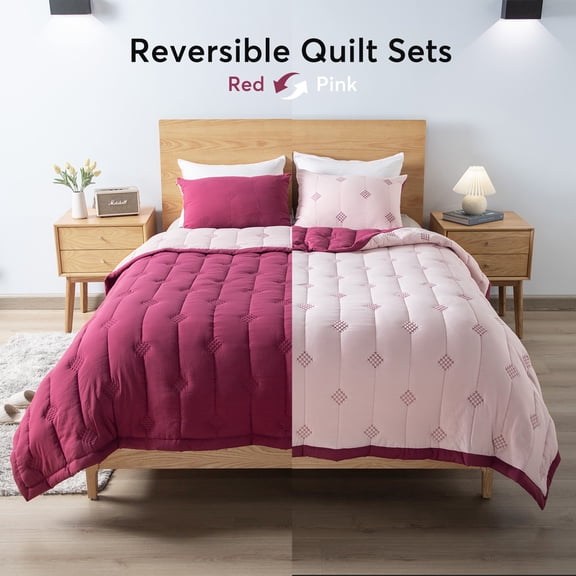 DOMDEC Ultra Soft Diamond Stitch Design Reversible Quilt Set, Red/Pink, Twin Size