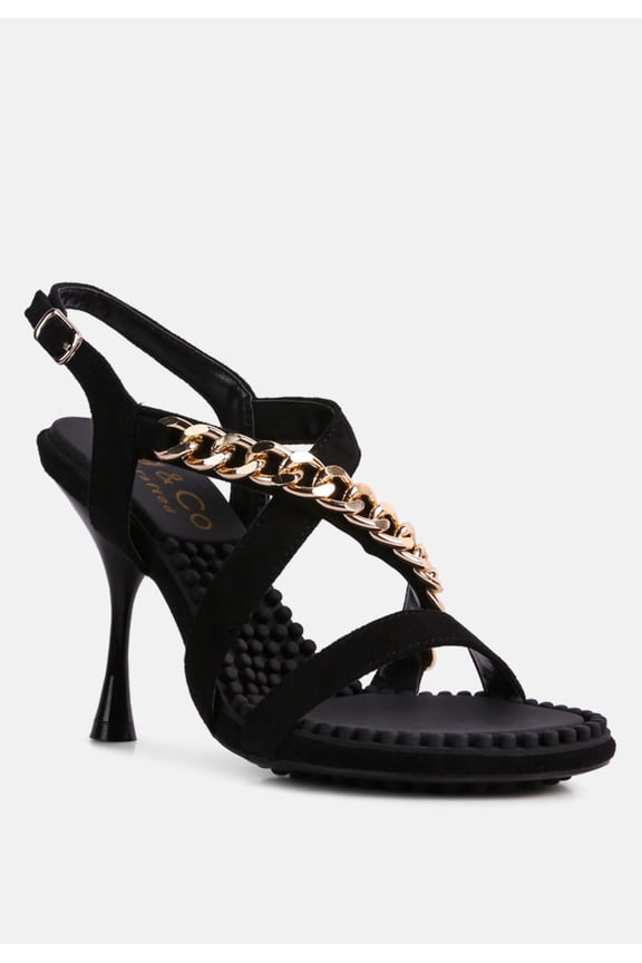 DOMEDA Black Metal Chain Embellished Sandals