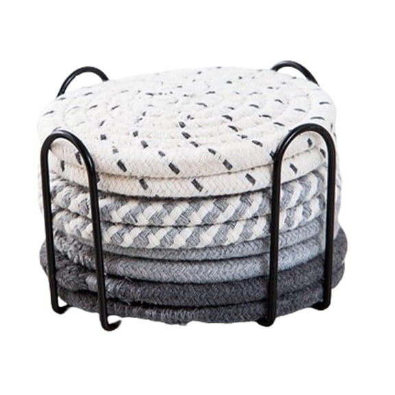 DOMELAY 8Pcs Drink Coasters with Rack Woven Coasters for Kitchen Patio Home Counters Gray Theme