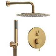 DOMETOUR 10 Inch Round Rainfall Shower Head With Handheld Spray, Bathroom Wall Mounted Shower System Stainless Steel Gold