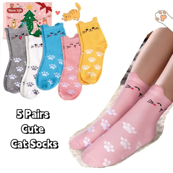 DOMETOUR Women's Cat Socks 5 Pair Cute Socks for Girls Back to School Gift, Cat Lovers Birthday Gift