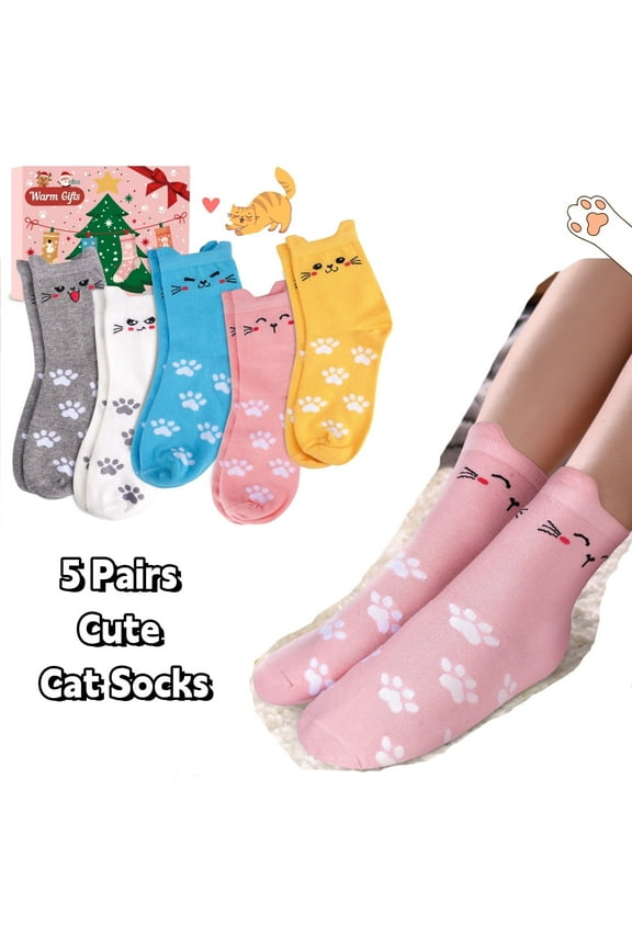 Women's Cat Socks 5 Pair Cute Socks for Girls Back to School Gift, Cat Lovers Birthday Gift