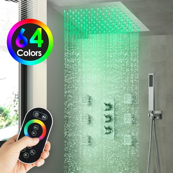 DOMETOUR 64 Color LED Rainfall Shower System, 12 Inch Rain Shower Head with Handheld Spray & 6 Massage Body Jets, Bathroom Thermostatic Shower Faucet Set, Brushed Nickel