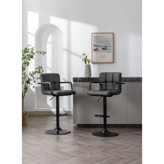 DOMETOUR Adjustable PU Leather Bar Stools Set of 2 with Armrests & Back, Counter Height Swivel Stool, Barstools for Kitchen Counter, Grey