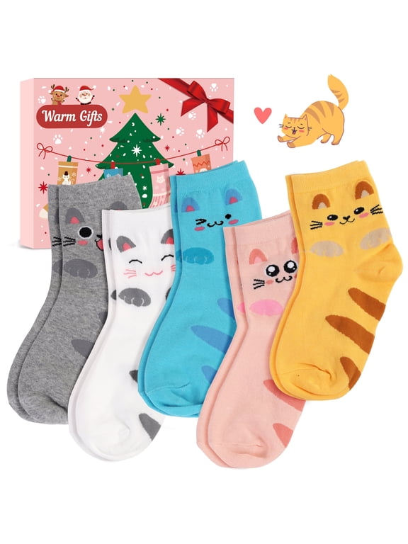 5 Pairs Women's Socks Girls Cute Cat Sock, Back to School Gift Birthday Gift for Cat Lovers