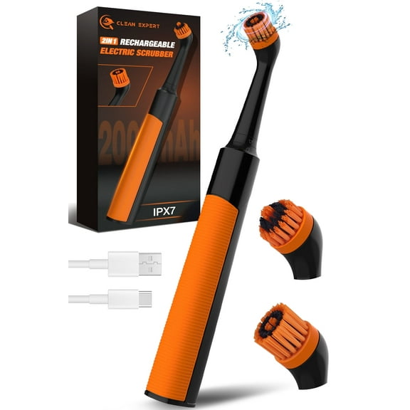 DOMETOUR Electric Cleaning Brush Power Scrubber with 2 Brush Heads, Electric Spin Grout Brush Orange