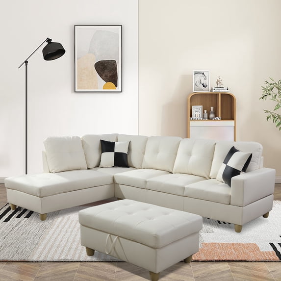 DOMETOUR Faux Leather Sofa Set For Living Room, Sectional Couches L Shaped Couch Living Room Furniture, Modular Sectional Sofa Set for Apartment, 2-Piece Sofa White (No Storage Ottoman)