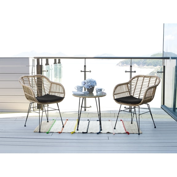 DOMETOUR Outdoor Furniture 3 Piece Small Patio Set for 2 Wicker Chairs with Table, Conversation Set