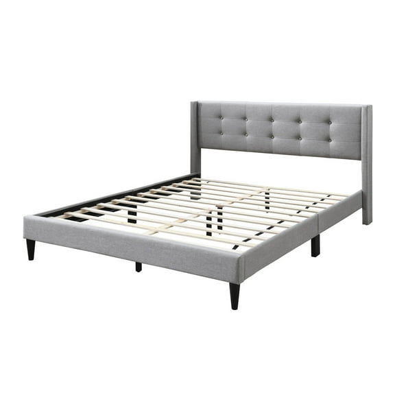 DOMETOUR Queen Bed Frame with Headboard, Solid Wood Slats Support, No Box Spring Needed, Easy Assembly, Light Grey Linen