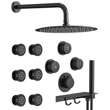 DOMETOUR Rain Shower System Round Shower Head with Handheld Spray & 6 Body Jets & Shelve, Thermostatic Shower Faucet Set Stainless Steel Black 12"