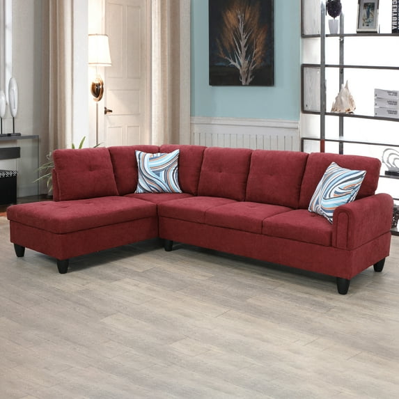 DOMETOUR Sectional Couch L Shaped Sofa Set For Living Room, 5 Seat Flannel Modular Sectional Sofa, 2PCS (Sofa+Chaise, No Storage Ottoman) Red