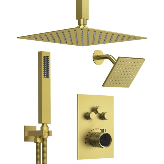 DOMETOUR Shower System Dual Rainfall Shower Heads with Handheld Sprayer for Ceiling Mount & Wall Mount 12’’6’’, Gold