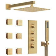DOMETOUR Shower System Rain Shower Head with Handheld Spray & 6 Body Jets, Stainless Steel Gold 12"