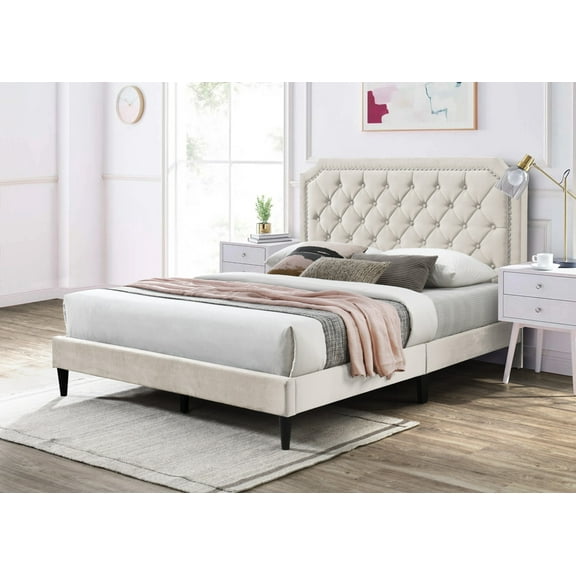 DOMETOUR Velvet Queen Bed Frame with Headboard, Solid Wood Slats Support, No Box Spring Needed, Easy Assembly, Beige