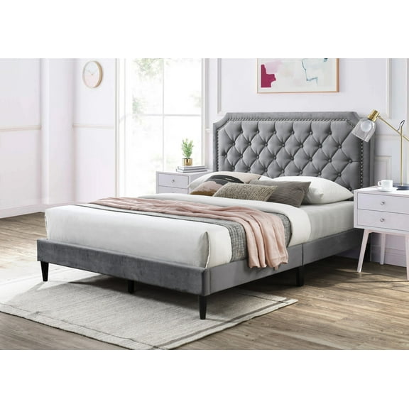 DOMETOUR Velvet Queen Bed Frame with Headboard, Solid Wood Slats Support, No Box Spring Needed, Easy Assembly, Charcoal