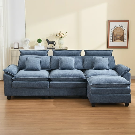 DOMICARE 103'' Cloud Modern L-Shaped 3-Seater Couch with Removable Headrest & Ottoman, Modular Oversized Chenille Sectional Sofa with Armrests for Living Room, Blue