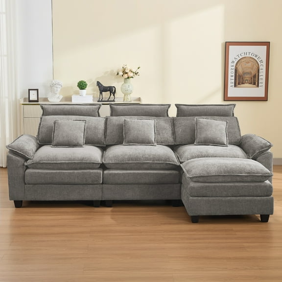 DOMICARE 103'' Cloud Modern L-Shaped 3-Seater Couch with Removable Headrest & Ottoman, Modular Oversized Chenille Sectional Sofa with Armrests for Living Room, Light Grey