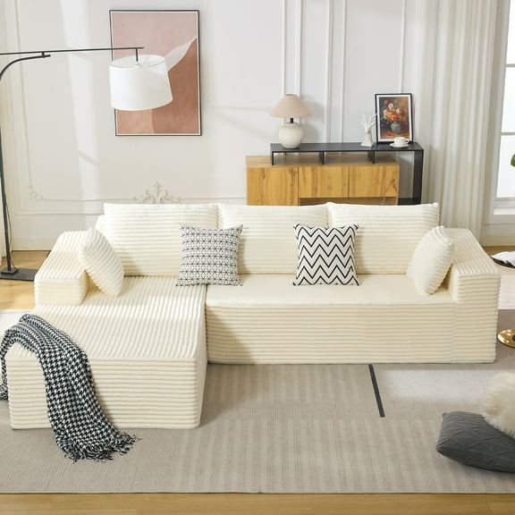 DOMICARE 110" Oversized L-Shaped Sectional Sofa Modern Modular Cloud Couch with Deep Seating Upholstered Sofa for Living Room Bedroom, No Assembly Required, White(Corduroy)
