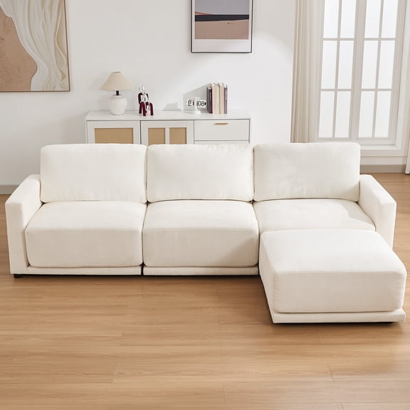 DOMICARE 111" White L-Shaped Modular Sectional Sofa with Ottoman, Oversized 4 Seater Couch with Thick Chenille Cushions, Comfy Living Room Sofa