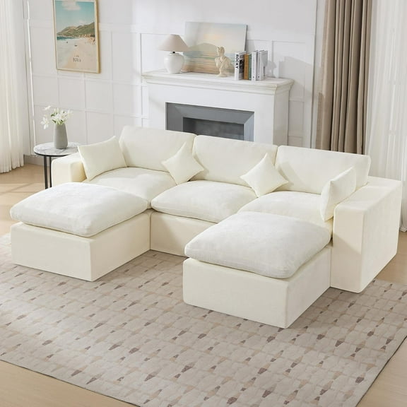 Domicare Cloud Couch Sectional, 3-Seater with 2 Ottomans, Plush Sponge Sectional Couches for Living Room，Beige