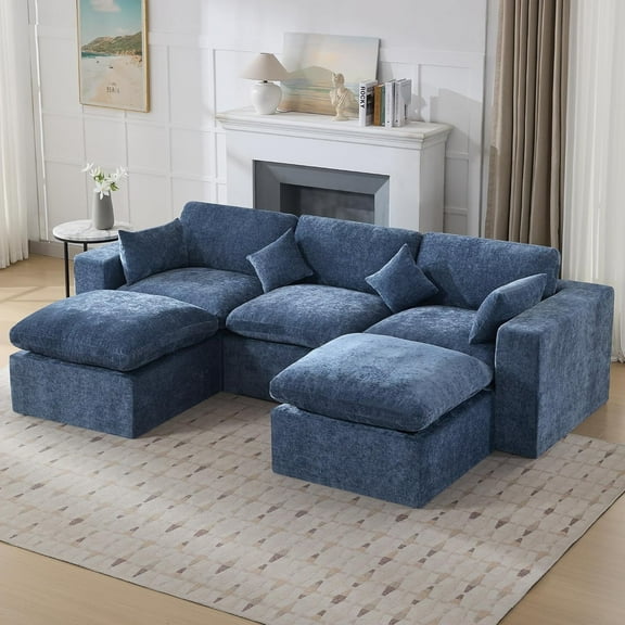 Domicare Cloud Couch Sectional, 3-Seater with 2 Ottomans, Plush Sponge Sectional Couches for Living Room,Blue