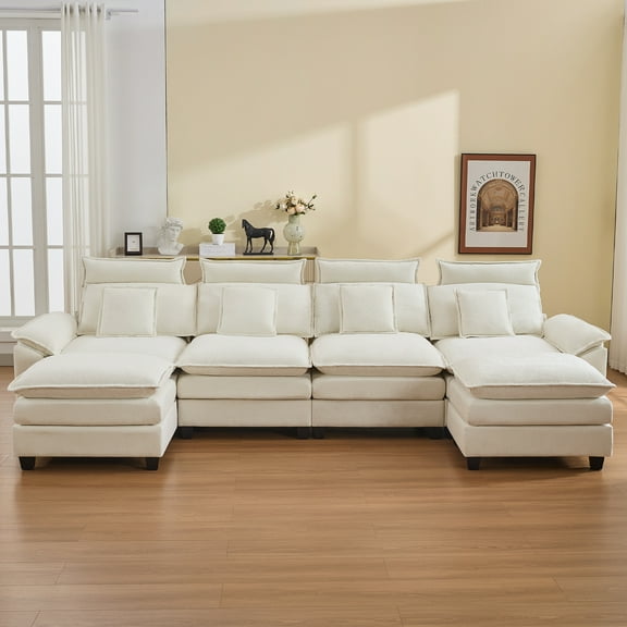DOMICARE 134'' Cloud Modern U-Shaped 4-Seater Couch with Removable Headrest & 2 Ottomans, Modular Oversized Chenille Sectional Sofa with Armrests for Living Room, Beige