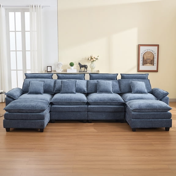 DOMICARE 134'' Cloud Modern U-Shaped 4-Seater Couch with Removable Headrest & 2 Ottomans, Modular Oversized Chenille Sectional Sofa with Armrests for Living Room, Blue