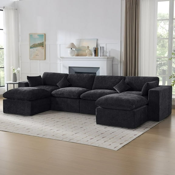Domicare Cloud Couch Sectional, 4-Seater with 2 Ottomans, Plush Sponge Sectional Couches for Living Room，Dark