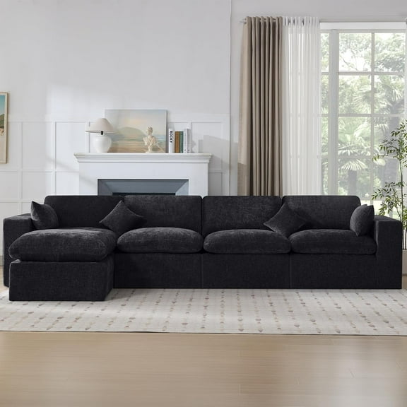 Domicare Cloud Couch Sectional, 4-Seater with Ottoman, Plush Sponge Sectional Couches for Living Room，Dark