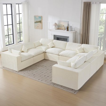 Domicare Cloud Couch Sectional, 8-Seater Plush Sponge Sectional Couches for Living Room,Beige