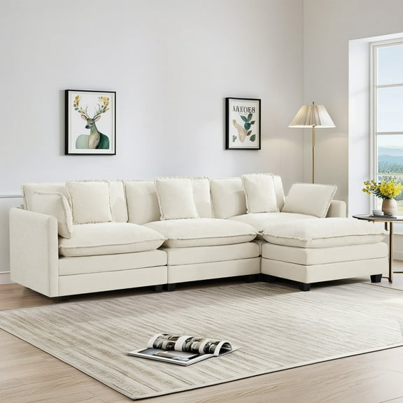 Domicare Modern 3 Seater Sectional Sofa with Ottoman, Sofas for Living Room, Living Room Furniture,Beige